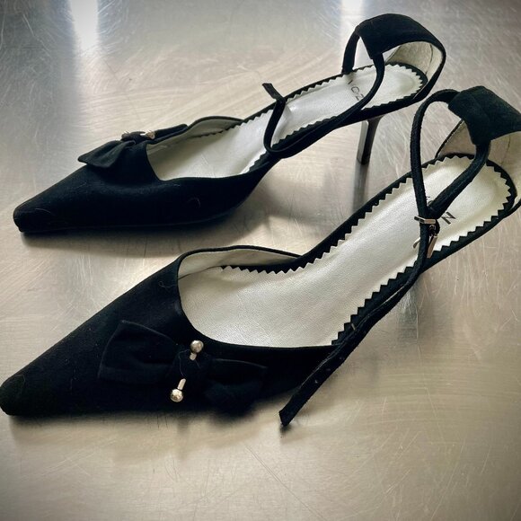 For Work or Play  ----  Stylist black suede pump heels w/ankle strap - Picture 1 of 4